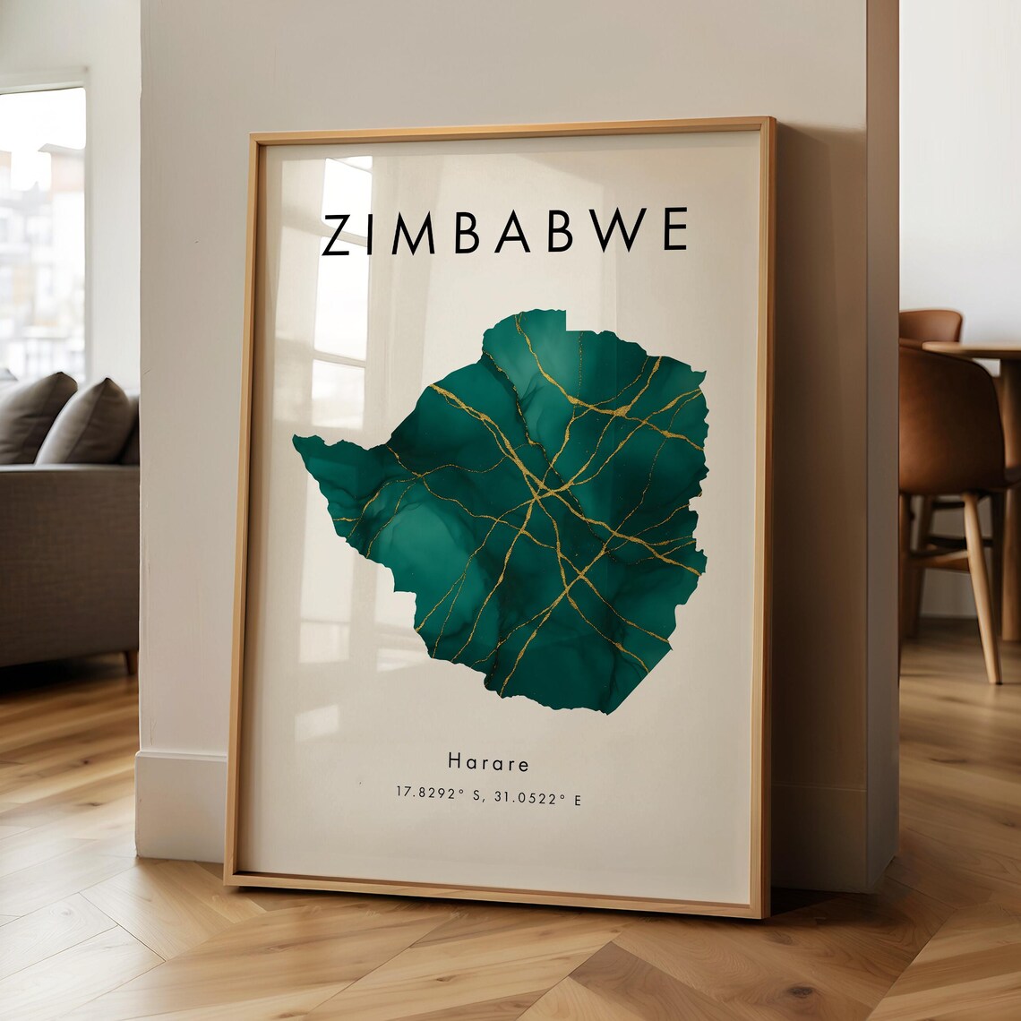 Zimbabwe Map Printed Poster, Green And Gold Travel