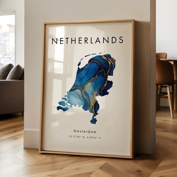 Netherlands Map Printed Poster Blue And Gold Europe Wall Art Print Home Decor Geography Gift Wallpaper