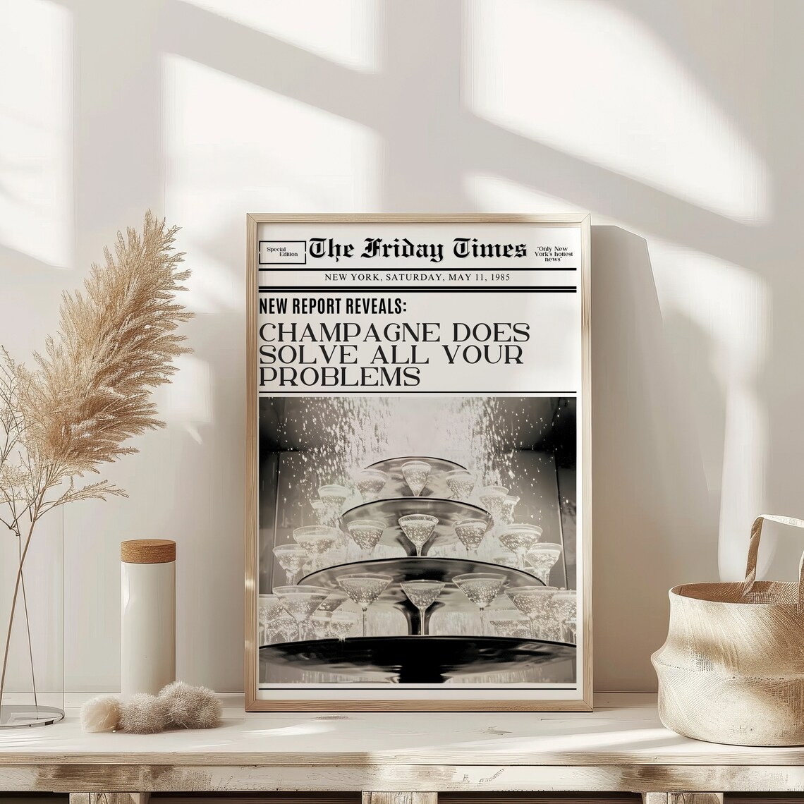 Funny Champagne Newspaper Headline Bar Cart Party Humor Wall Art