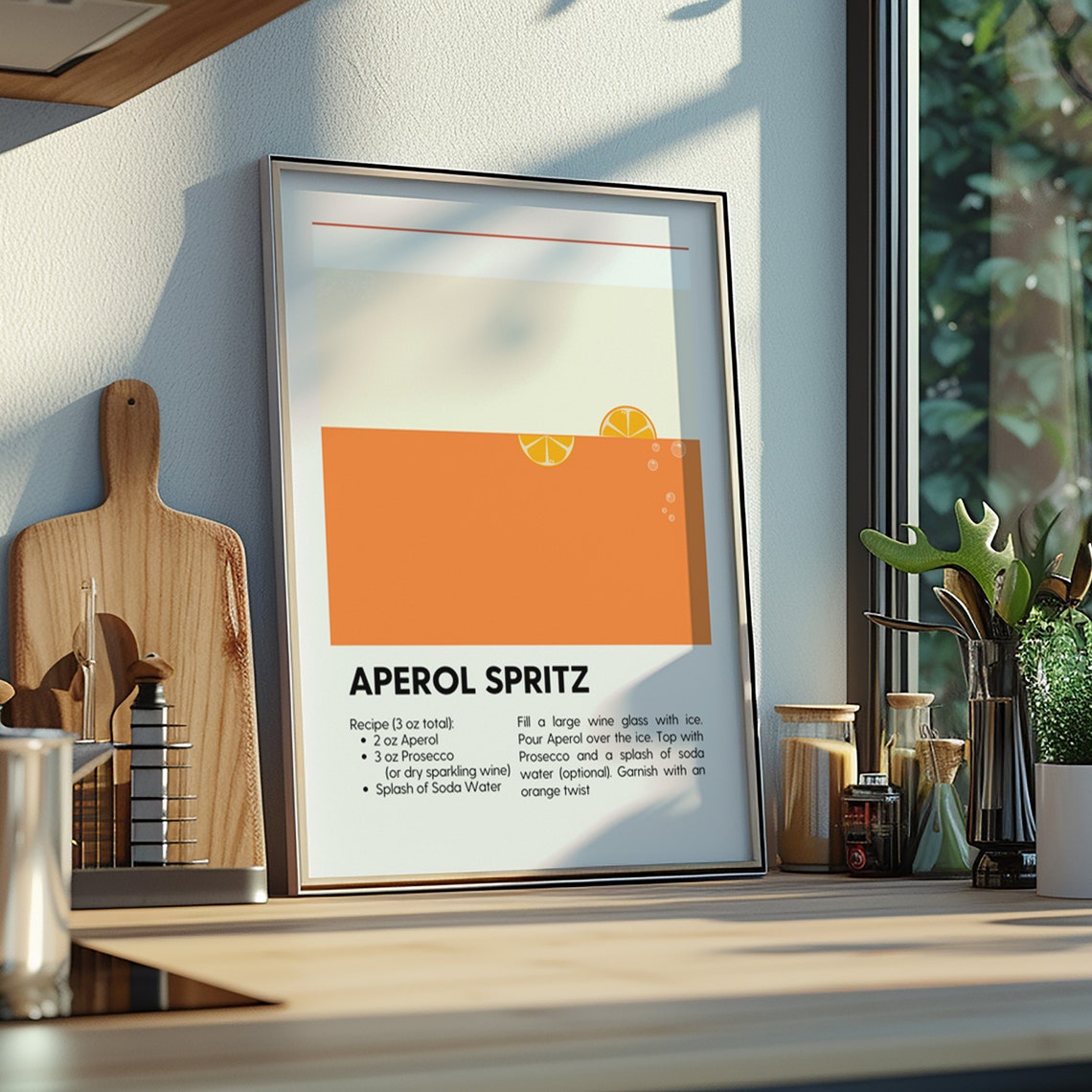 Aperol Spritz Recipe Minimalist Orange Kitchen Cocktail Bar Poster