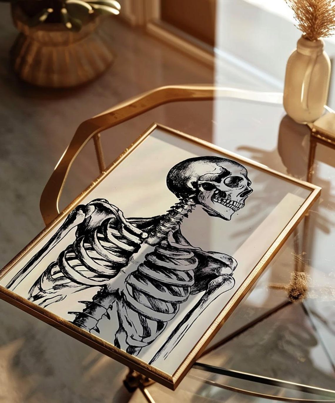 Anatomical Skeleton Ink Illustration Monochrome Gothic Wall Art - Image 3