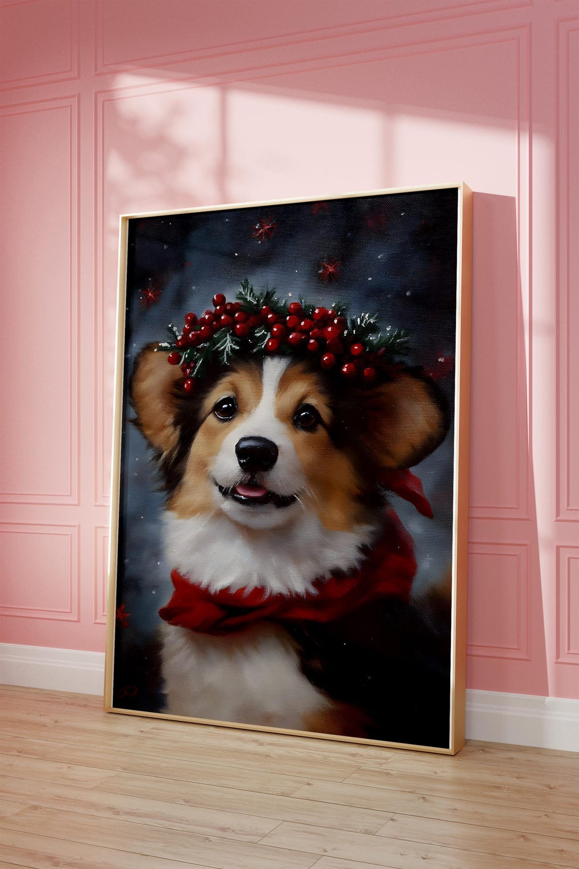 Christmas Corgi Puppy Wearing Berry Wreath Red Scarf Dog Poster - Image 3