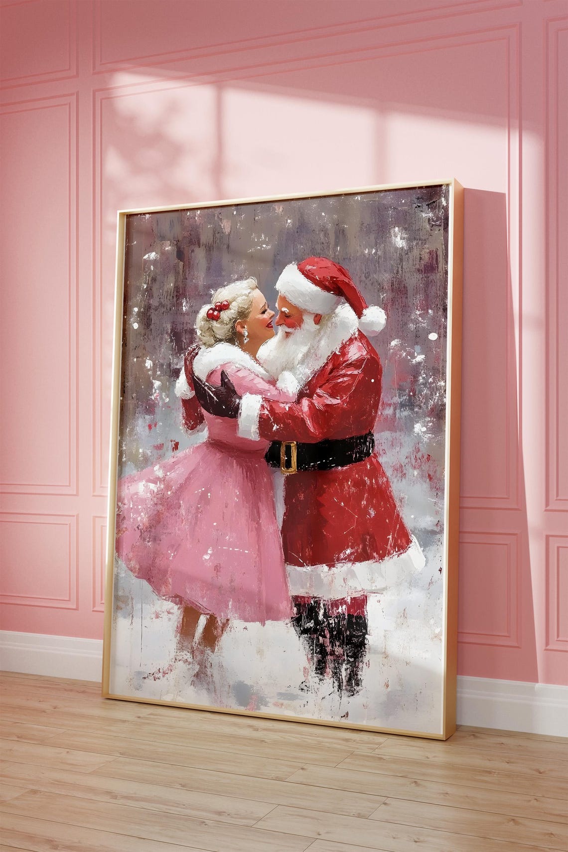Santa and Mrs Claus Dancing in the Snow Vintage Christmas Poster - Image 3