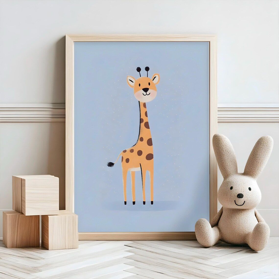 Smiling Cartoon Giraffe Blue Background Kids Nursery Animal Art Poster - Image 2