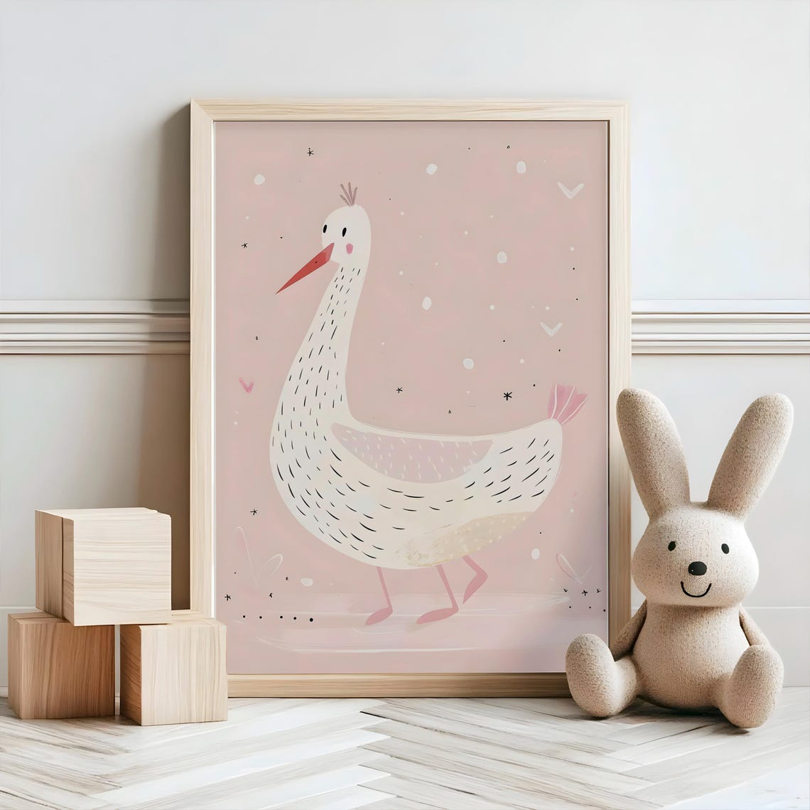 Cute White Goose with Long Red Beak Pink Stars Nursery Wall Art - Image 2