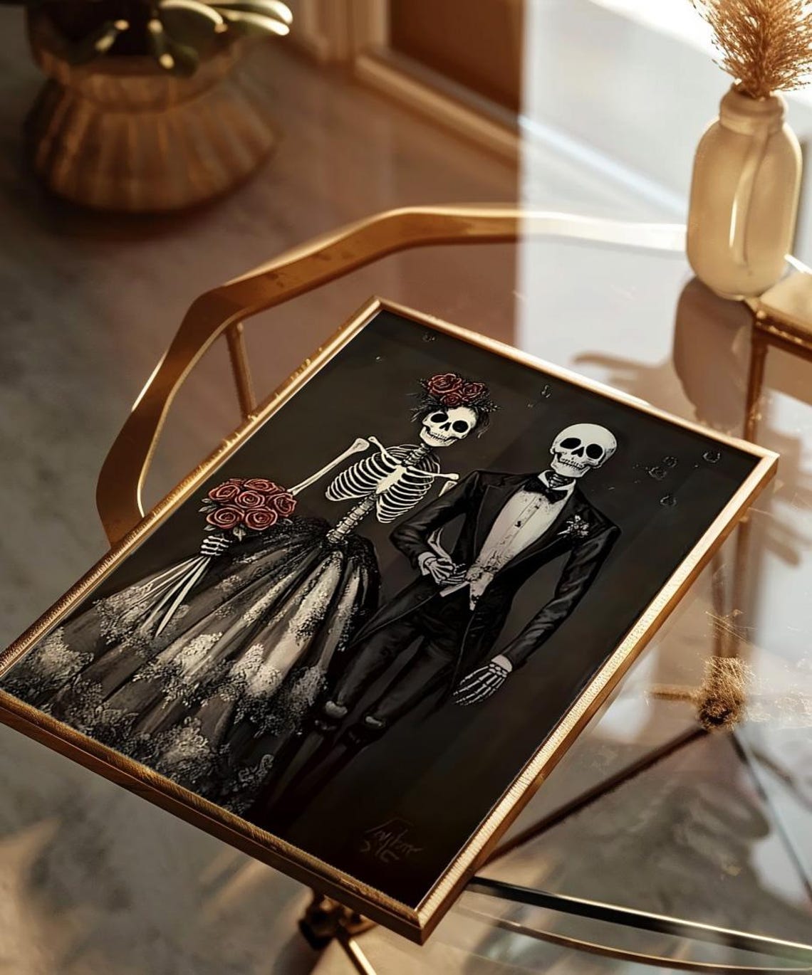 Gothic Skeleton Bride And Groom Wedding Halloween Art Poster - Image 3