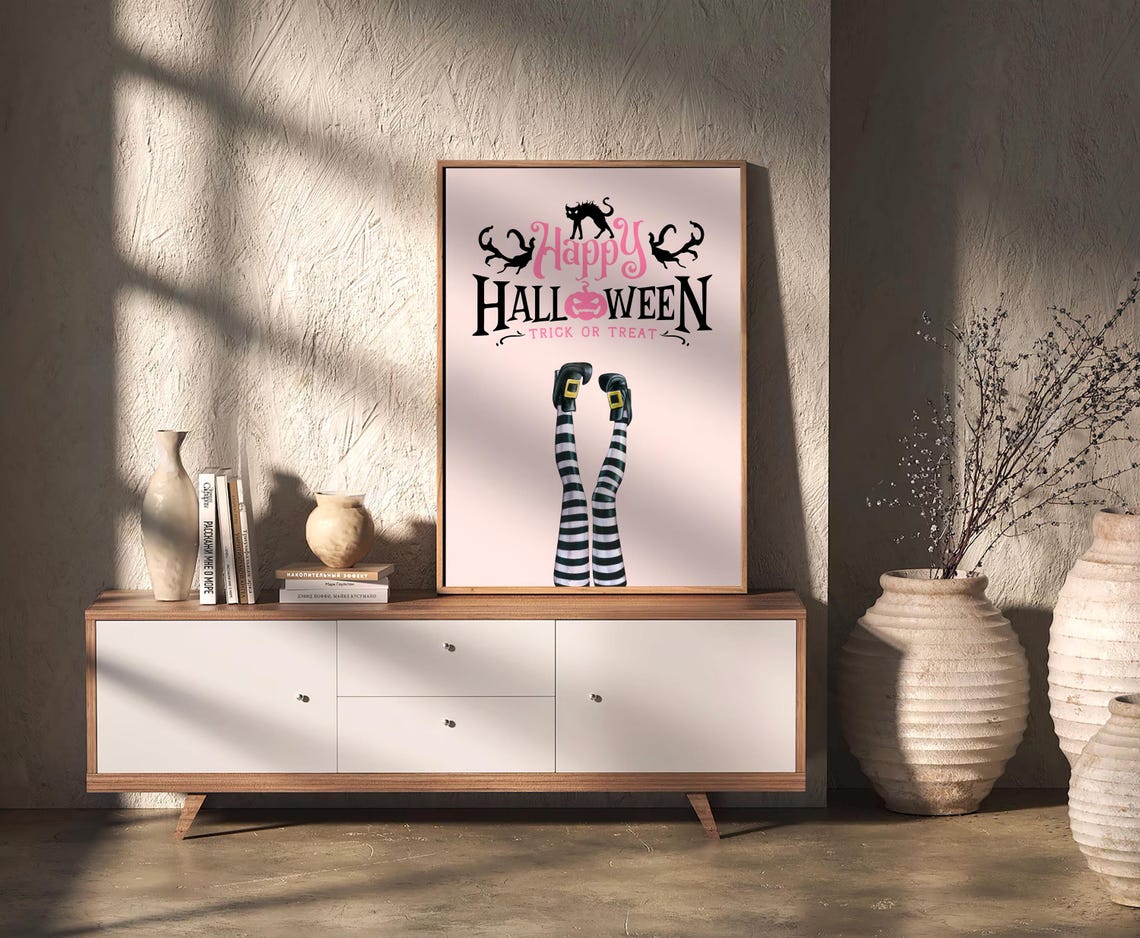 Happy Halloween Trick or Treat Witch Legs Pink Retro Cute Poster - Image 2