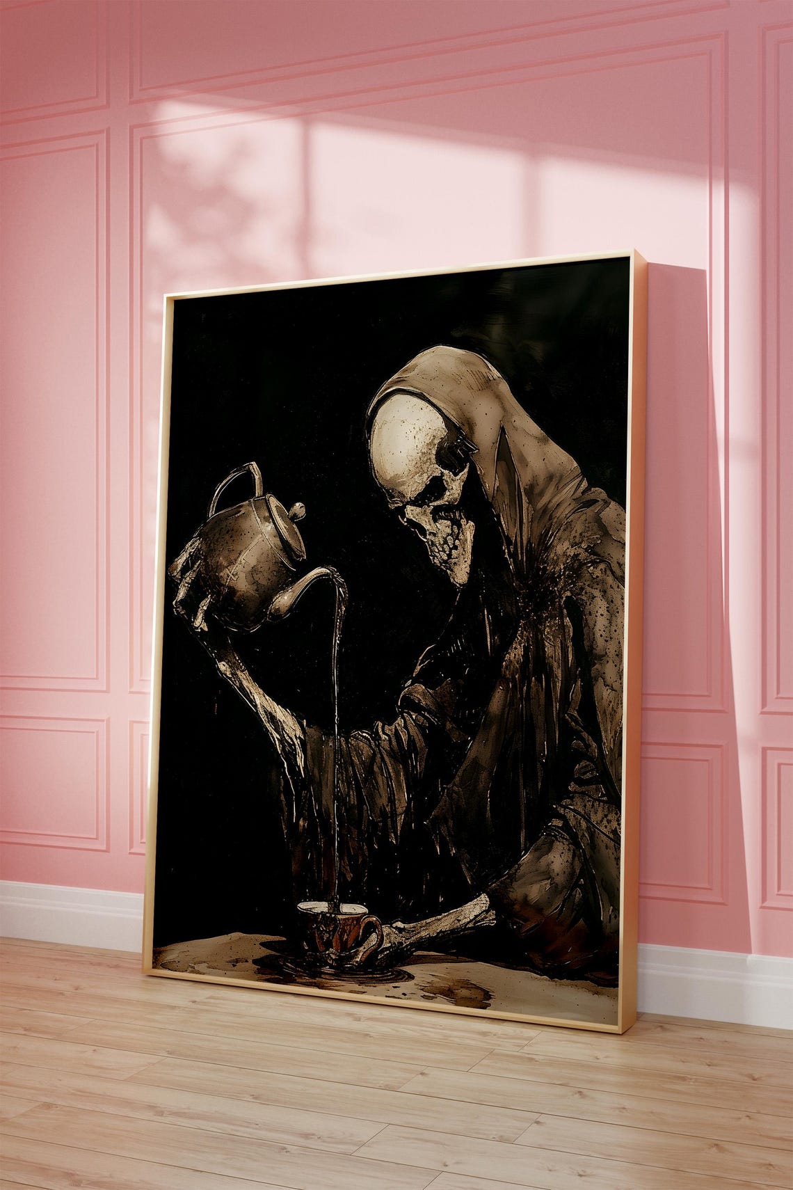 Grim Reaper Pouring Tea Dark Macabre Vintage Halloween Poster - Image 4