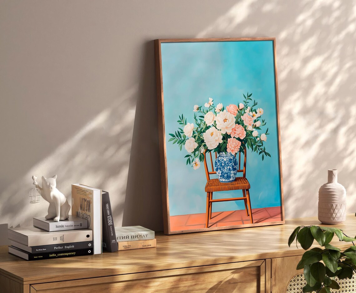 Peonies Vase Blue White Porcelain Chair Floral Still Life Poster