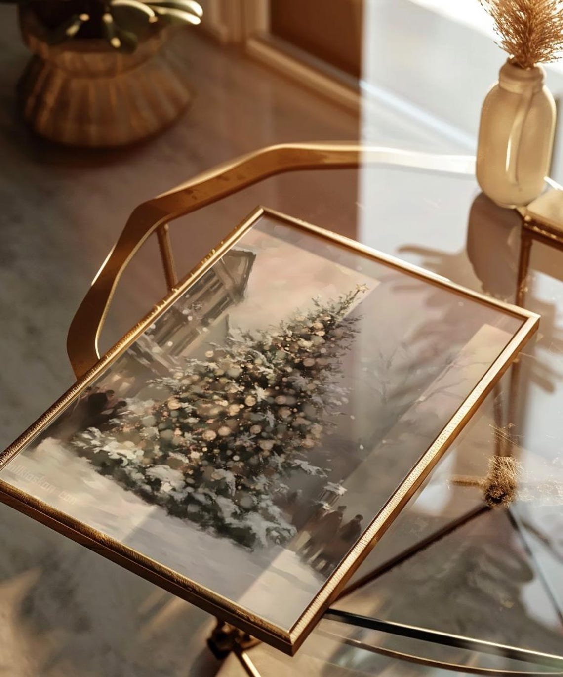 Snowy Town Christmas Tree Dusk Lights Vintage Painting Poster - Image 2