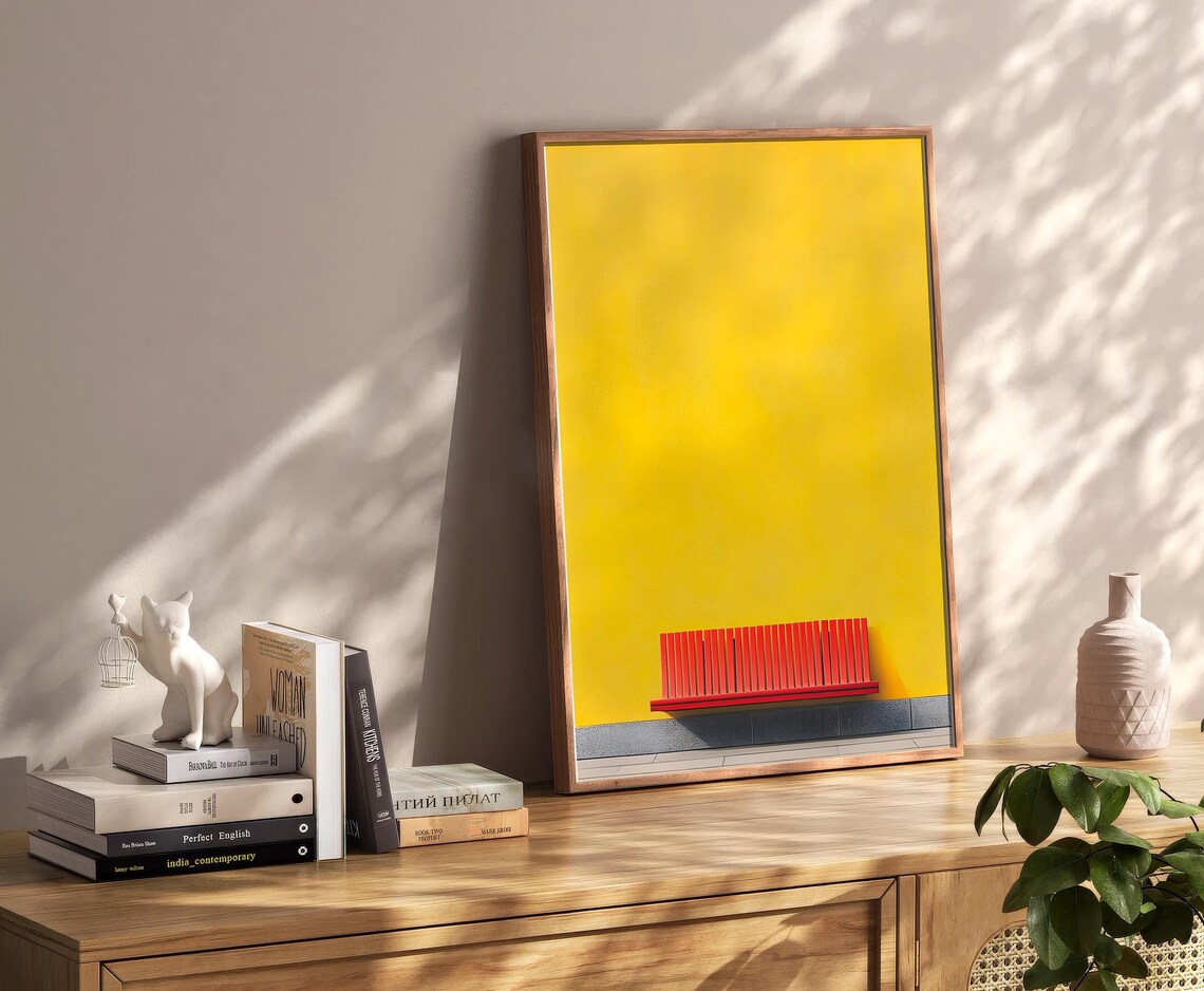 Red Bench Yellow Wall Minimalist Street Photography Art Poster - Image 2