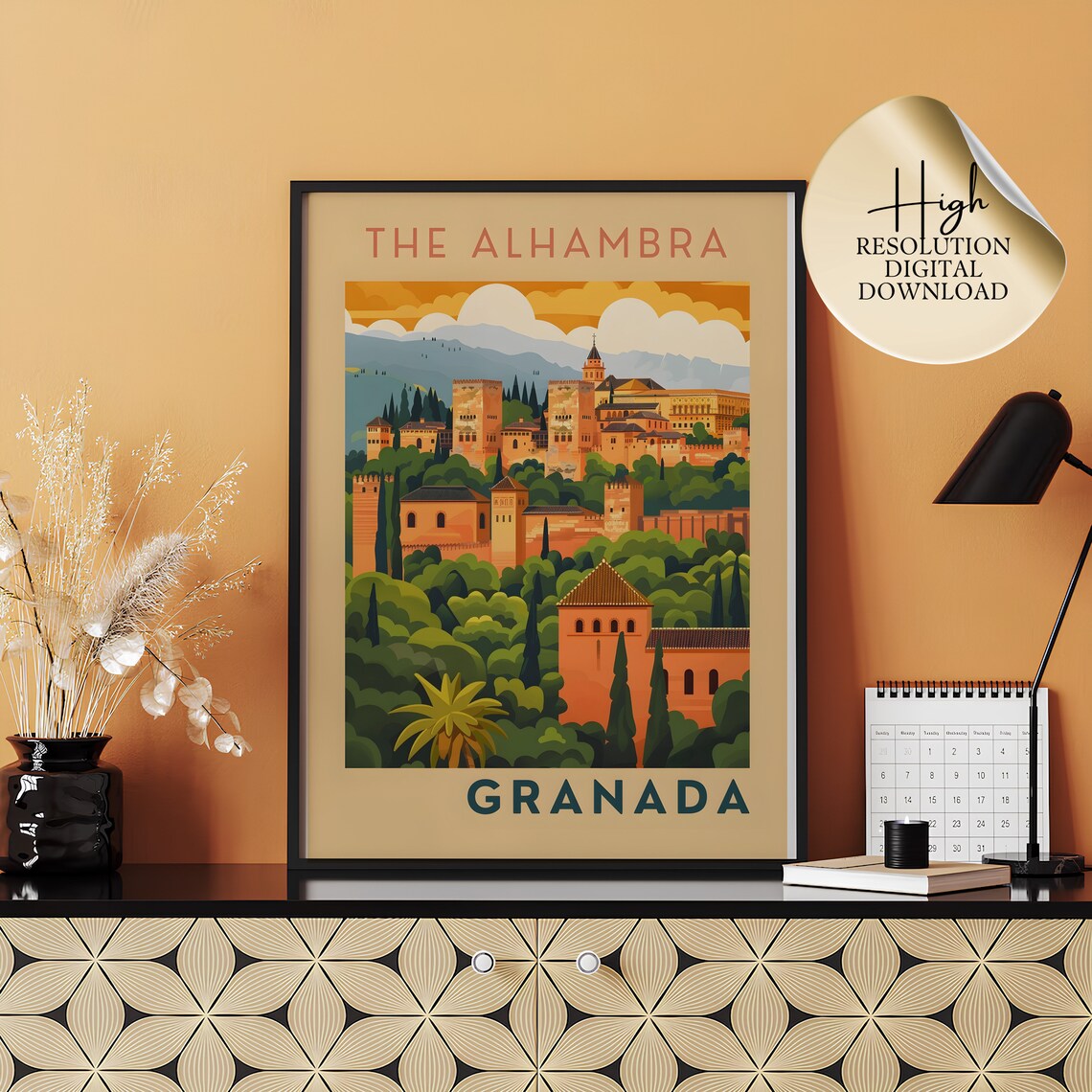 Alhambra Retro Travel Poster, Minimalist Wall Art Print