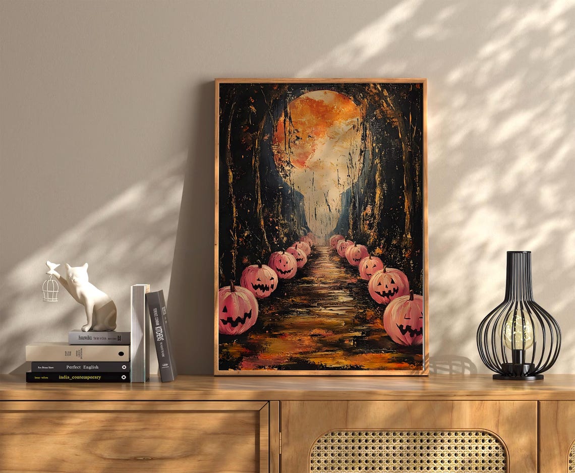 Pink Jack O Lantern Path Leading To Moonlit Cave Halloween Art Poster