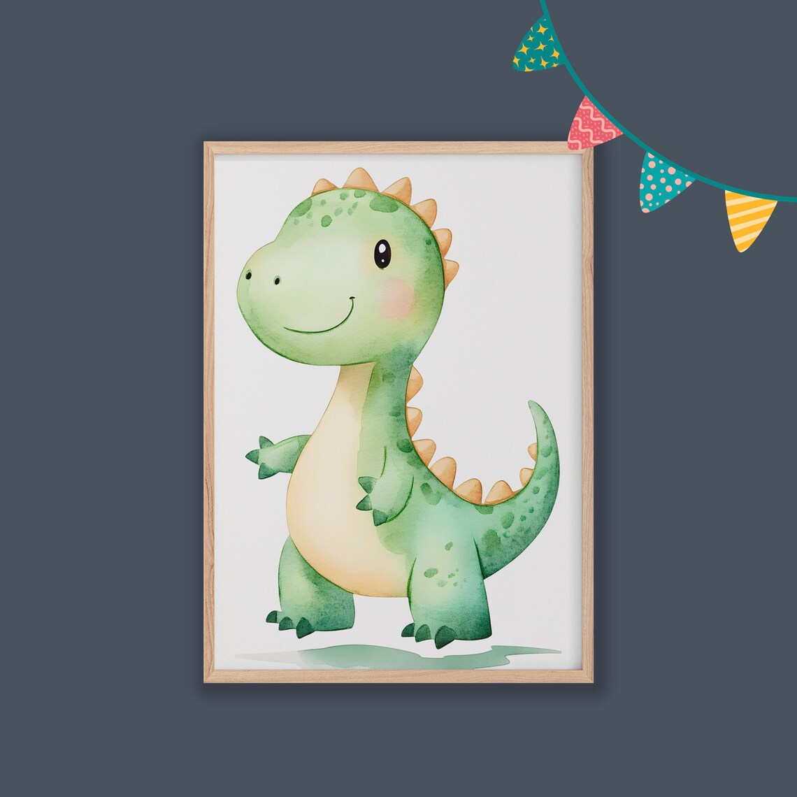 Cute Green Baby Dinosaur Watercolor Kids Nursery Room Art Poster