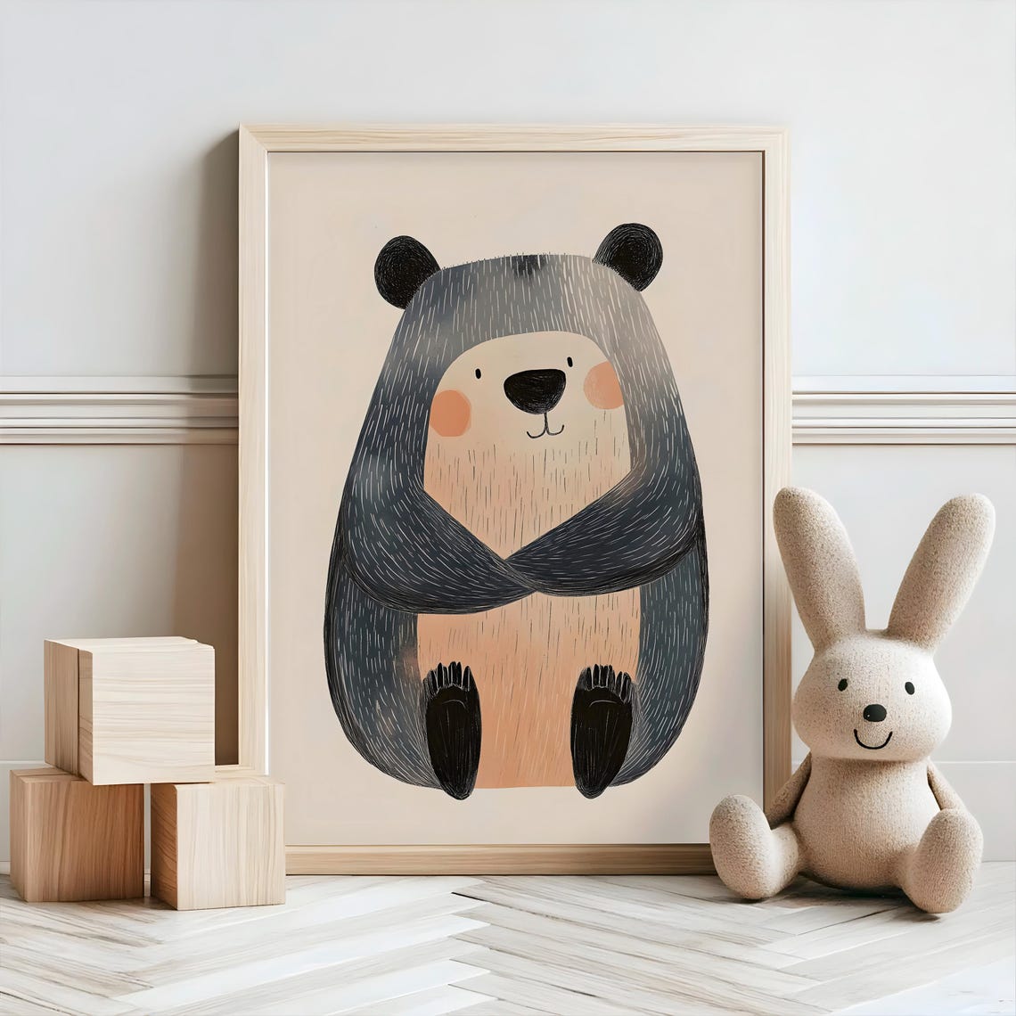 Adorable Dark Gray Bear Cute Woodland Nursery Decor Kids Poster - Image 2