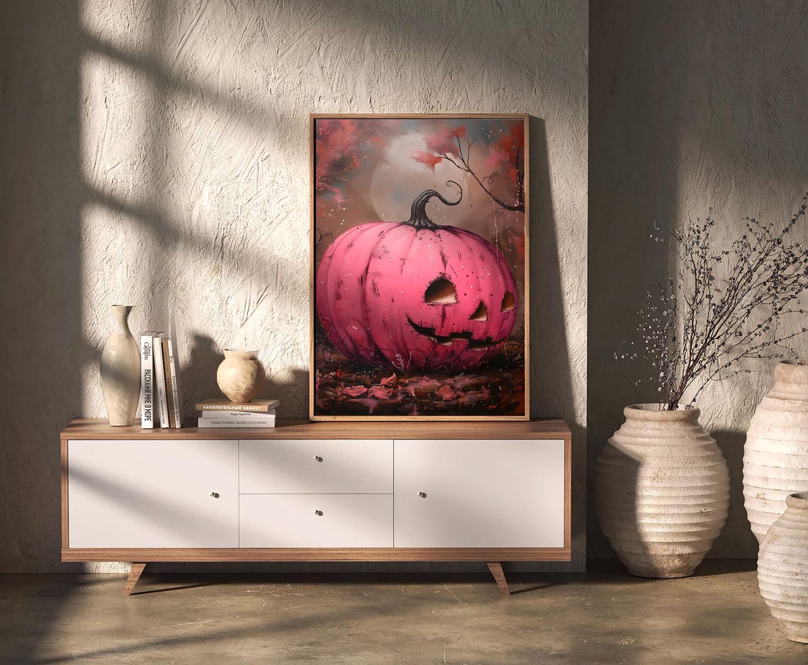 Pink Jack O Lantern Moonlit Painting Halloween Spooky Poster - Image 2