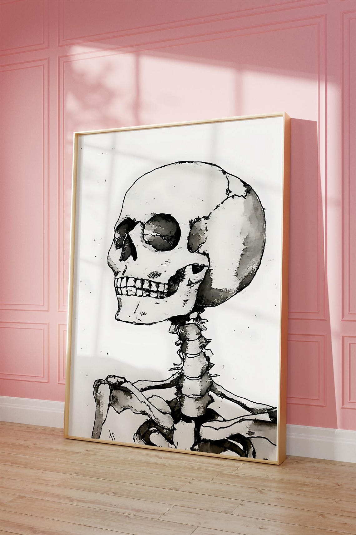 Black Ink Skeleton Skull Drawing Anatomical Halloween Art Poster - Image 4