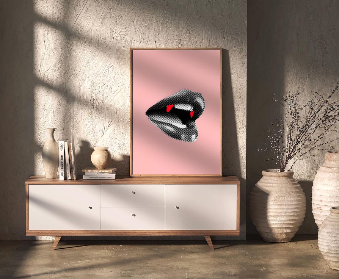 Vampire Fangs Pink Halloween Vintage Halftone Lips Art Poster - Image 2