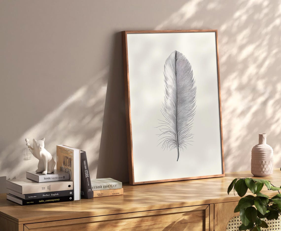Feather Detailed Sketch Neutral Beige Botanical Minimalist Poster - Image 2