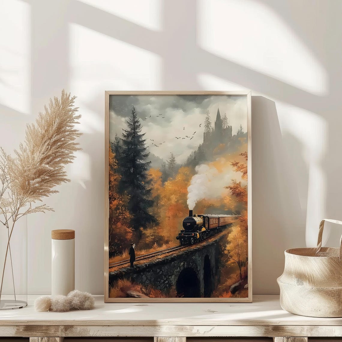 Vintage Steam Train Autumn Forest Castle Bridge Oil Art Poster - Image 2