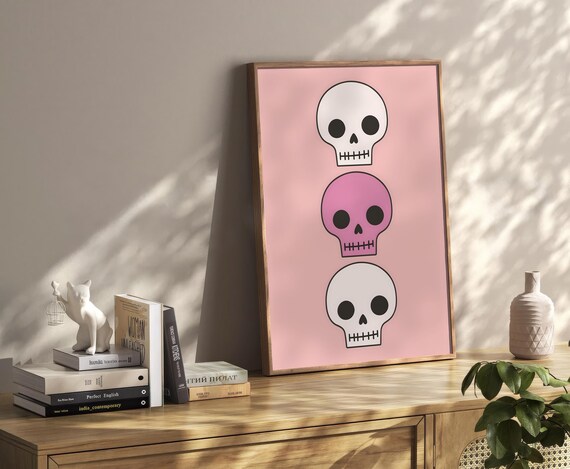 Pink Skulls Stacked Cartoon Cute Preppy Halloween Spooky Poster