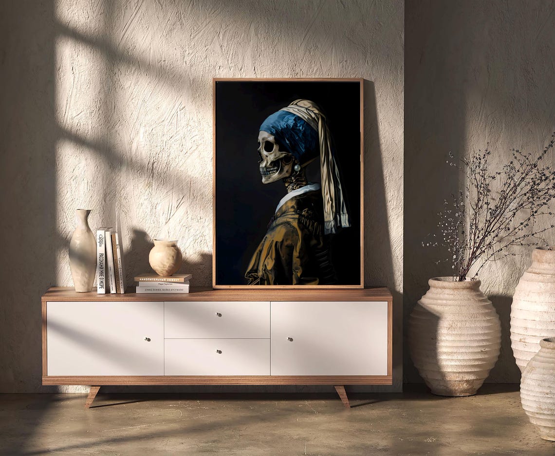 Skeleton Girl With Pearl Earring Halloween Poster Dark Academia - Image 2