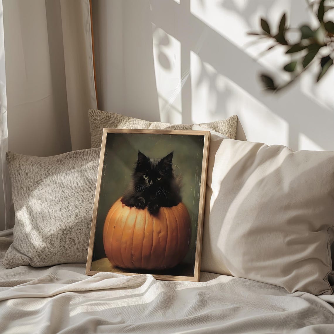 Black Cat in a Pumpkin Vintage Halloween Cat Portrait Wall Art - Image 2