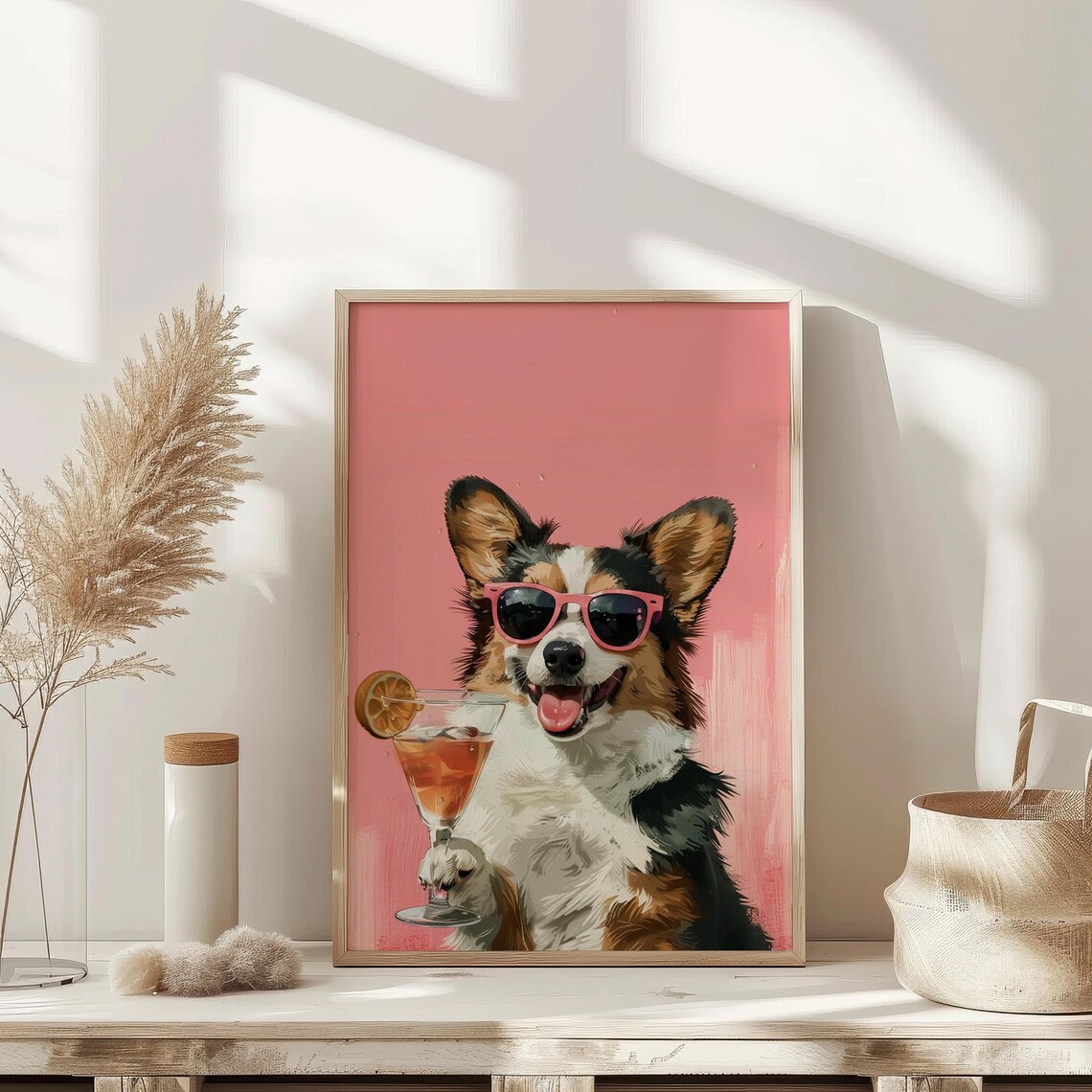 Corgi Dog Pink Sunglasses Cocktail Fun Pop Art Pet Portrait Wall Art - Image 3