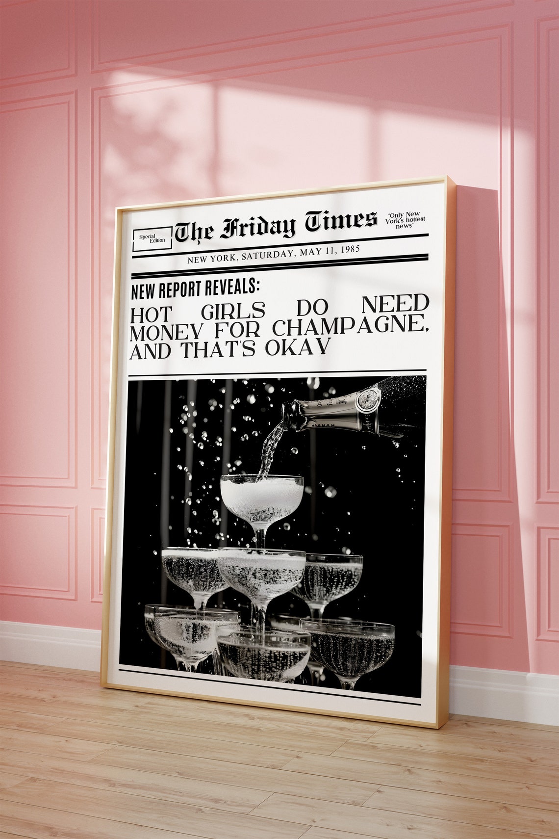Hot Girls Money For Champagne Trendy Newspaper Print Vintage Bar Cart Retro Wall Art Newspaper Headline Poster College Apartment Decor - Image 2