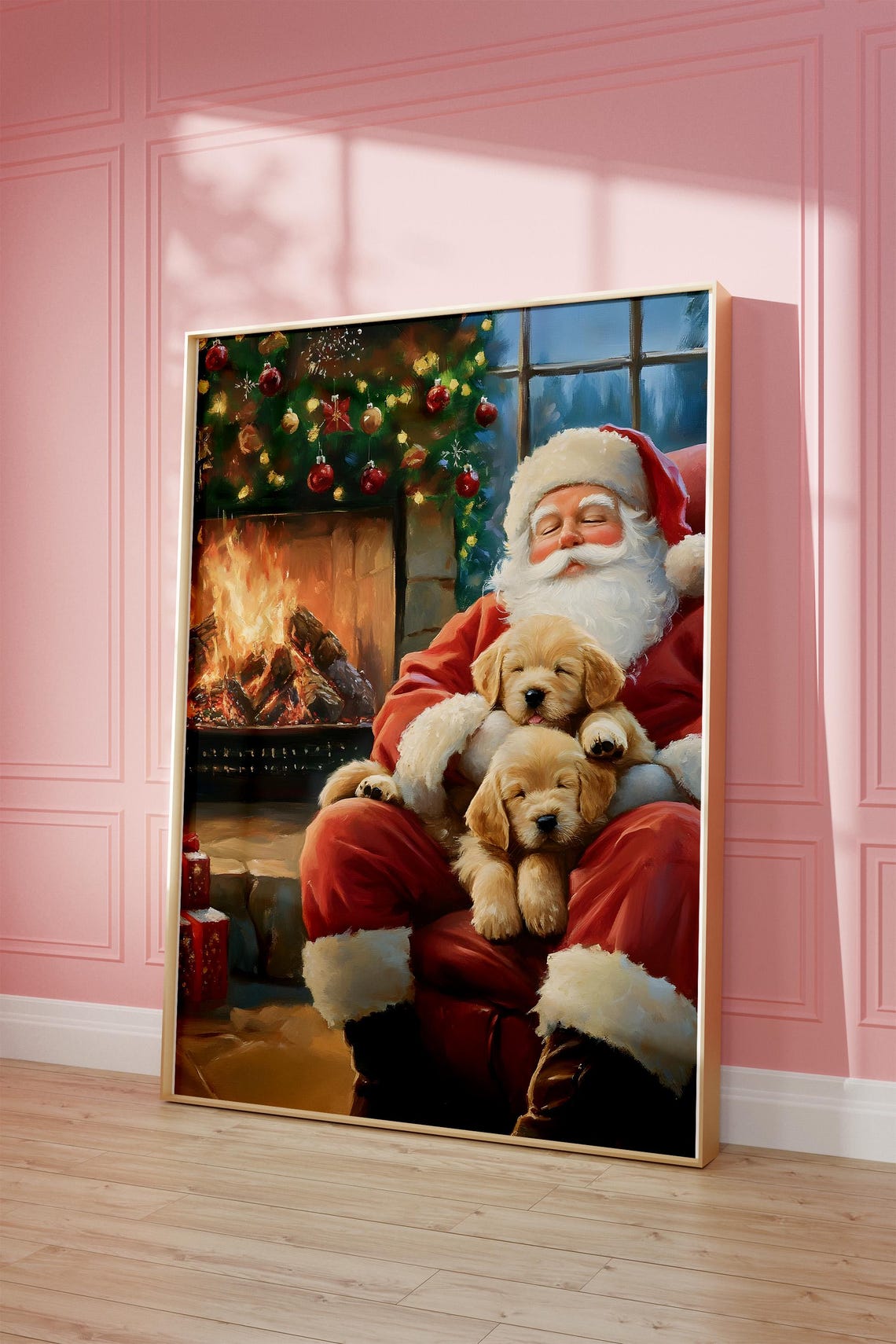 Santa Claus With Golden Puppies By Fireplace Christmas Poster - Image 3