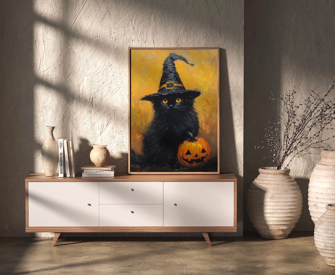 Black Cat In Witch Hat With Pumpkin Vintage Halloween Poster - Image 3