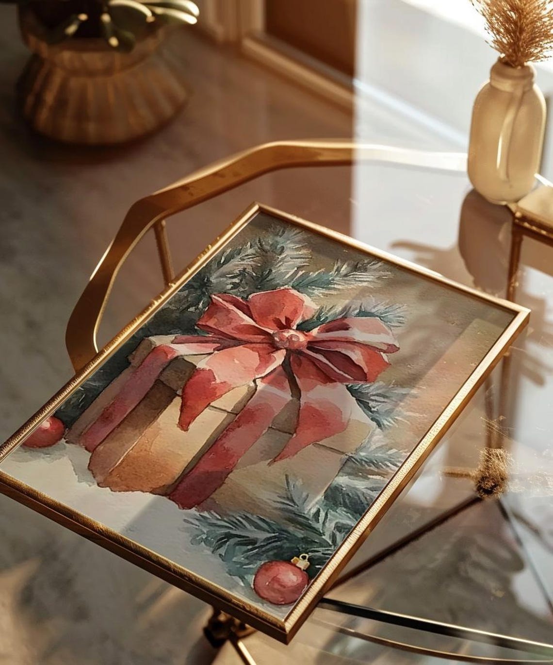 Christmas Gift Box With Big Pink Bow Watercolor Holiday Art Poster - Image 2