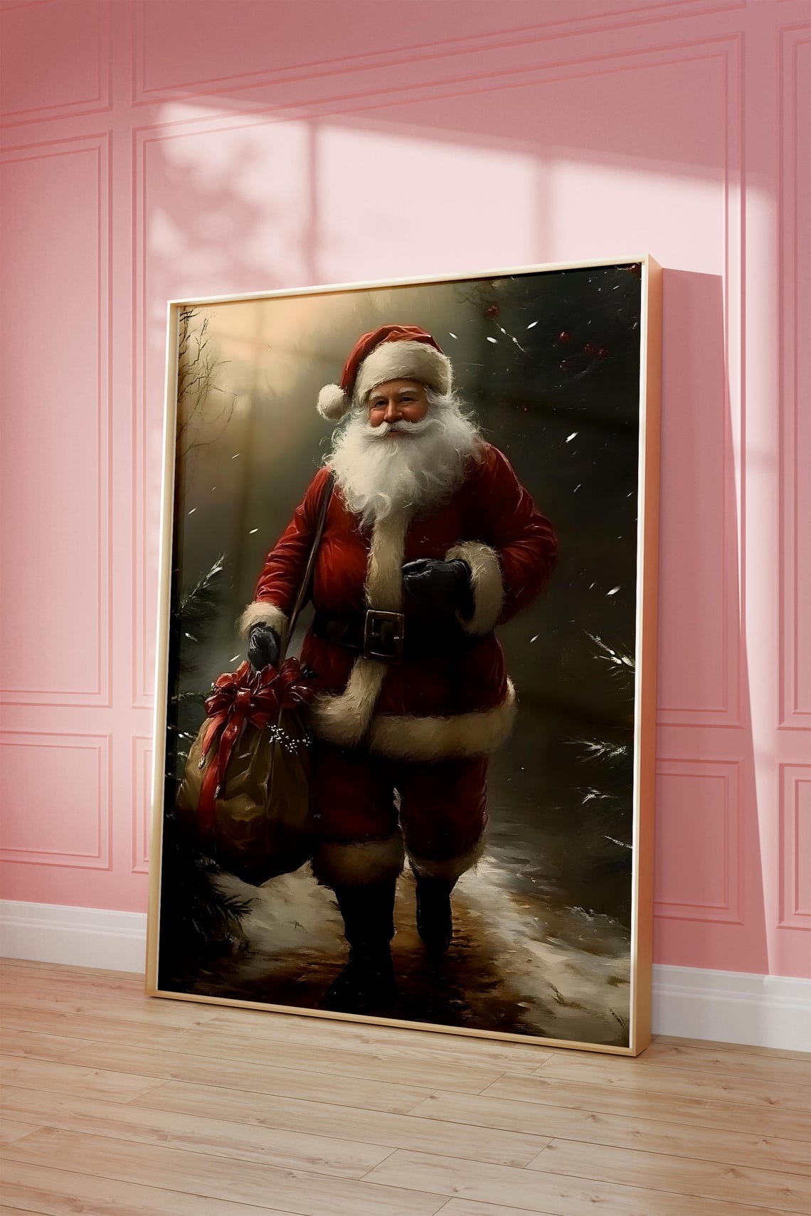 Vintage Santa Claus Carrying Gift Sack in Snow Christmas Poster - Image 3