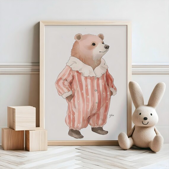 Watercolor Bear in Pink Striped Pajamas Cute Nursery Bedtime Art Poster