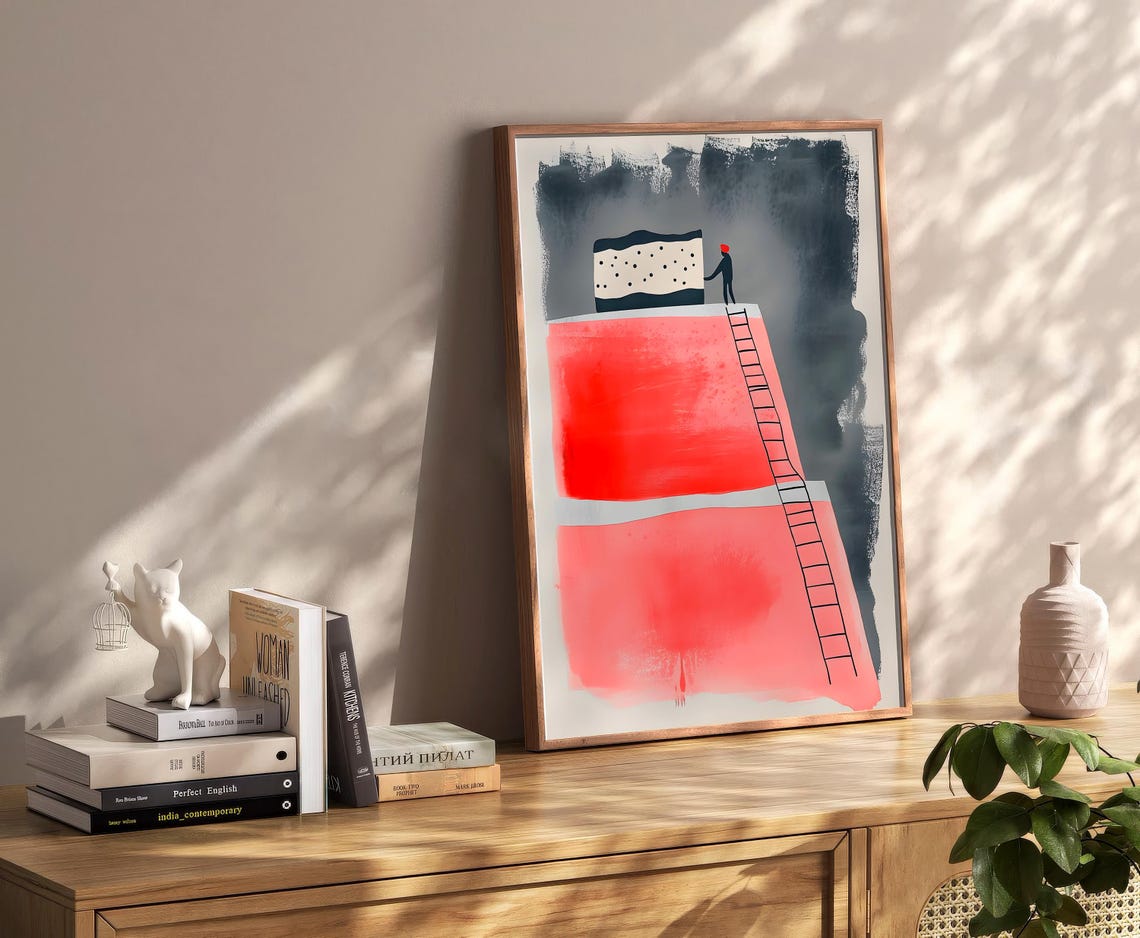 Tiny Figure Pushing Polka Dot Block Up Red Slope Minimalist Art Poster - Image 2