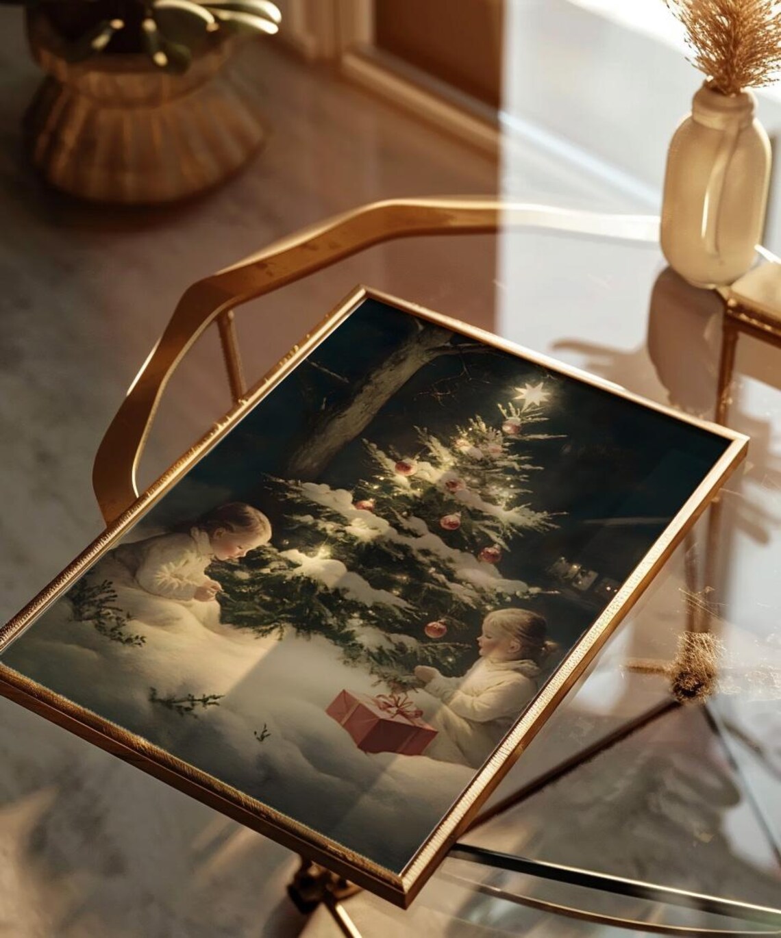 Children by Glowing Christmas Tree in Snow Vintage Art Poster - Image 2