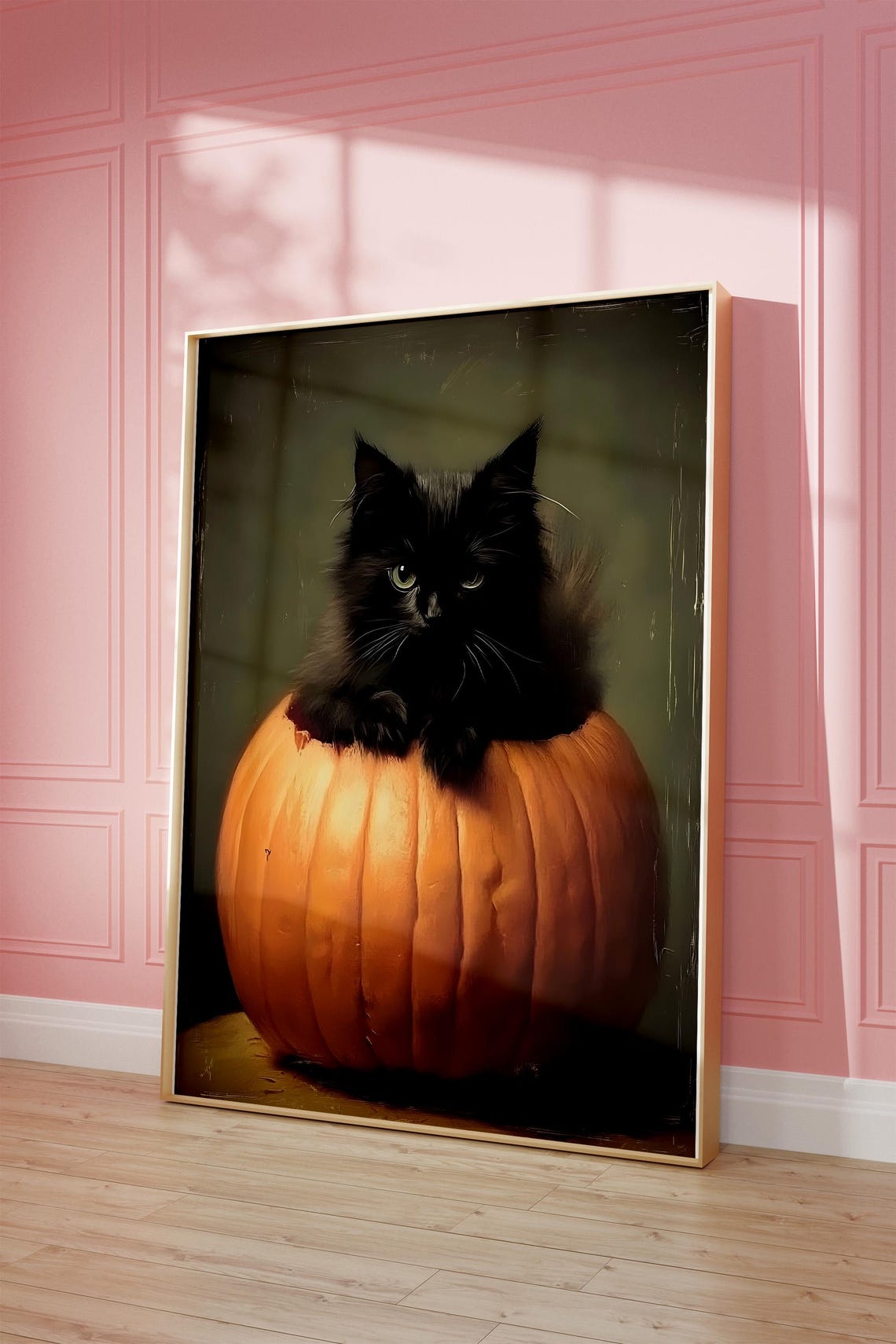 Black Cat in a Pumpkin Vintage Halloween Cat Portrait Wall Art