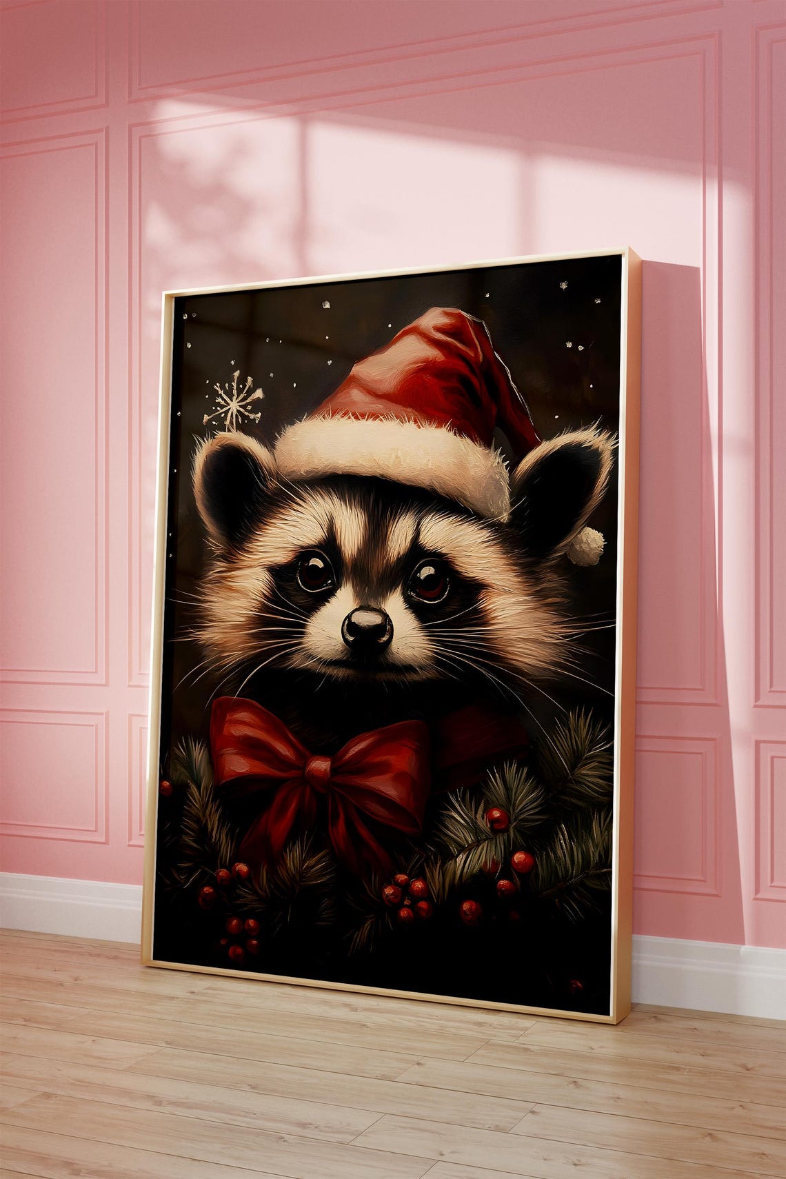 Christmas Raccoon Wearing Santa Hat Red Bow Holiday Animal Poster - Image 3