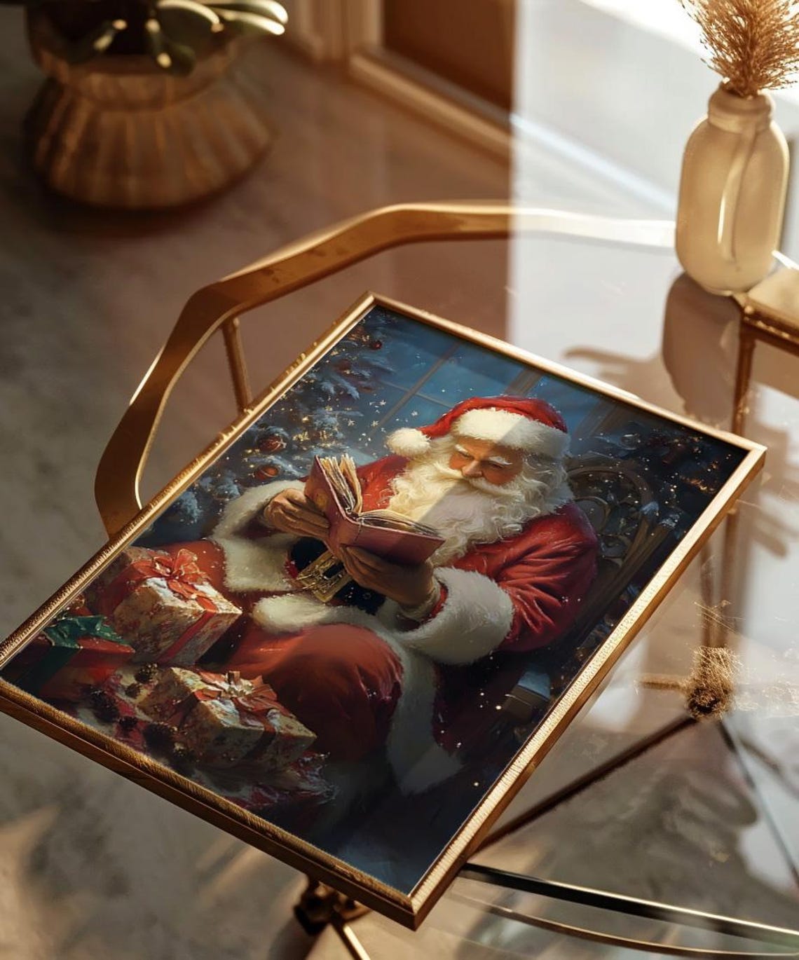 Santa Claus Reading Book by Christmas Tree Night Vintage Art Print - Image 2