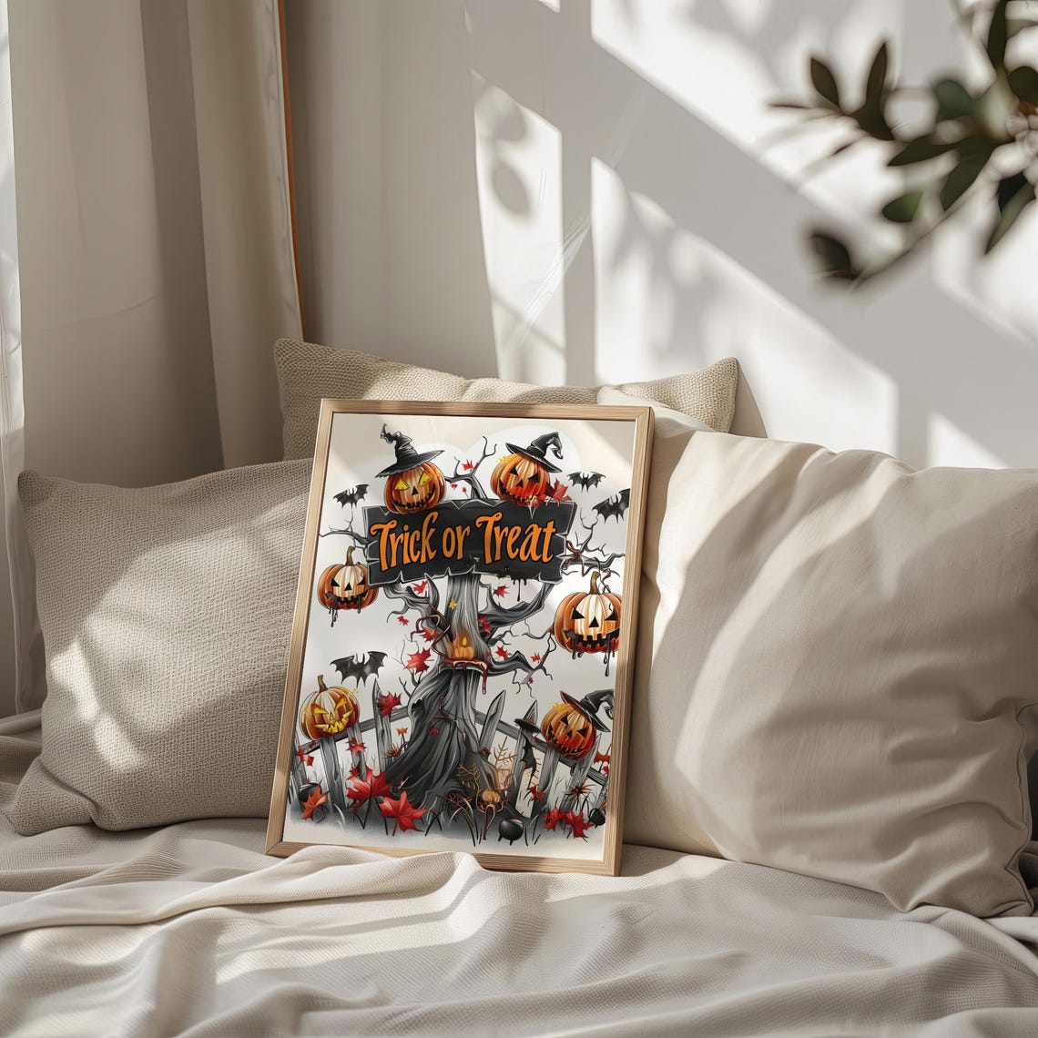 Trick or Treat Pumpkin Tree Witch Hats Spooky Halloween Art Poster - Image 2