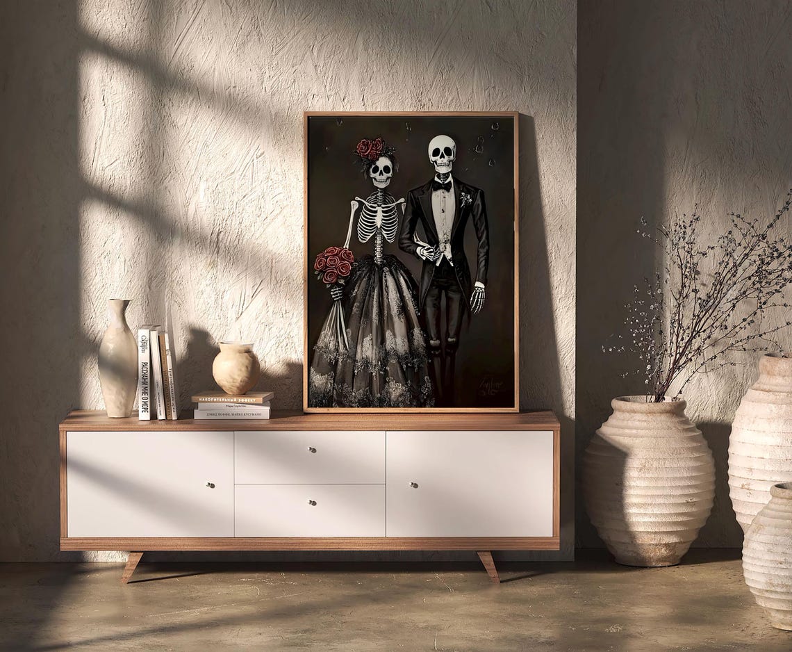 Gothic Skeleton Bride And Groom Wedding Halloween Art Poster - Image 2