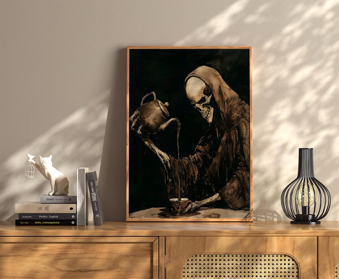 Grim Reaper Pouring Tea Dark Macabre Vintage Halloween Poster