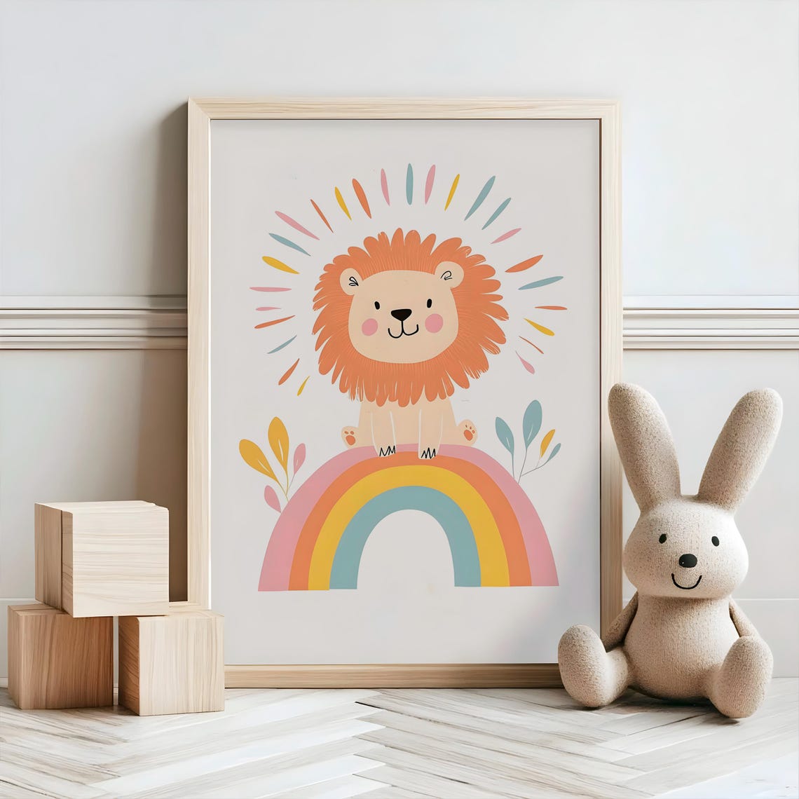 Happy Lion Sitting On Pastel Rainbow Nursery Baby Room Poster - Image 2