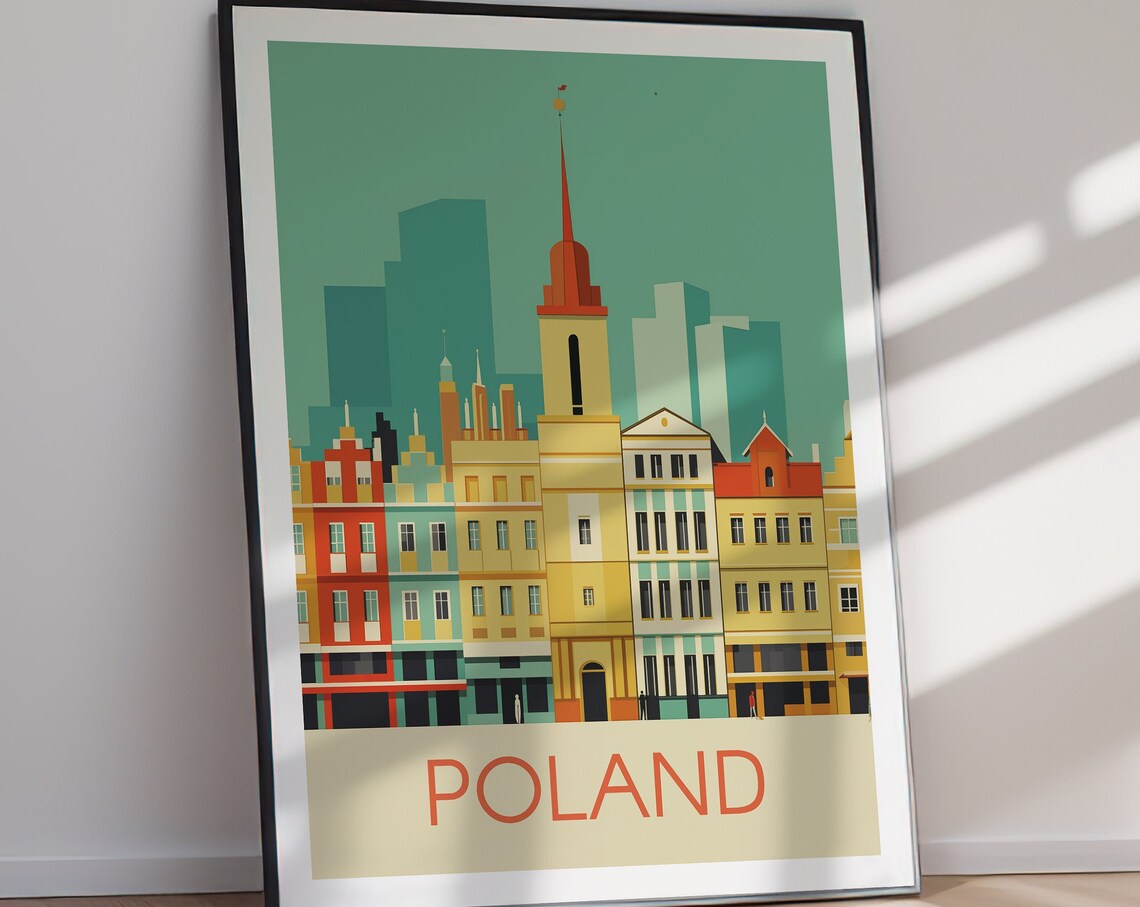 Poland Historic Townhouses Spire Teal Sky Retro Travel Poster - Image 2