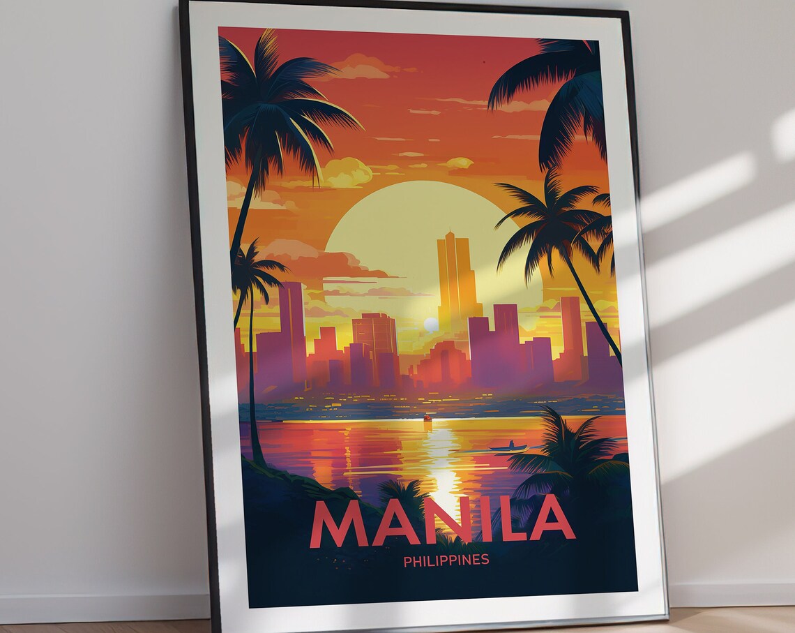 Manila Philippines Sunset Palm Skyline Vintage Travel Poster Art - Image 2