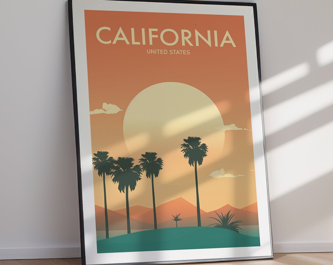 California Coastal Palm Trees Sunset Retro Vintage Travel Poster - Image 2