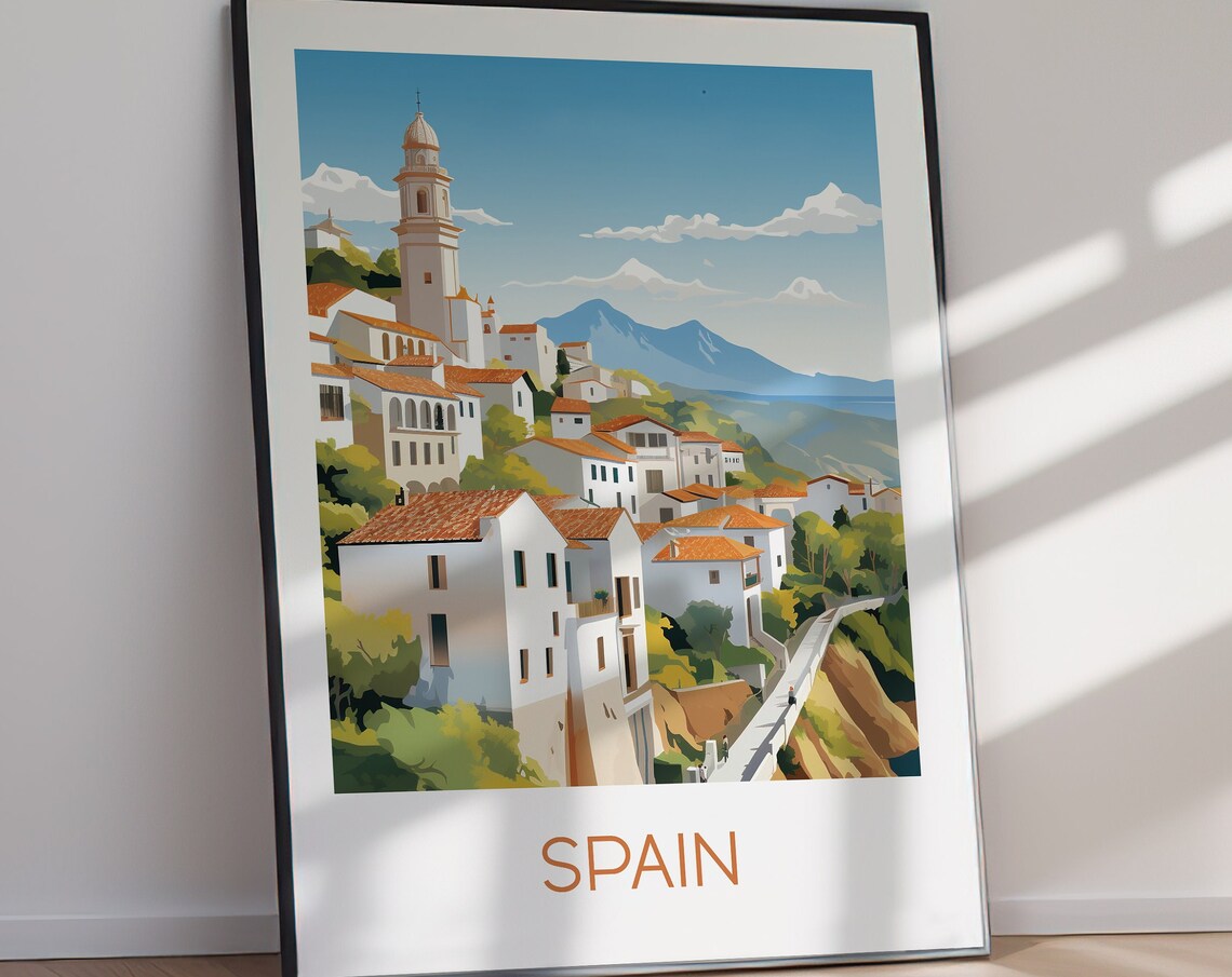Spain White Hillside Village Church Tower Mountain Travel Poster - Image 2