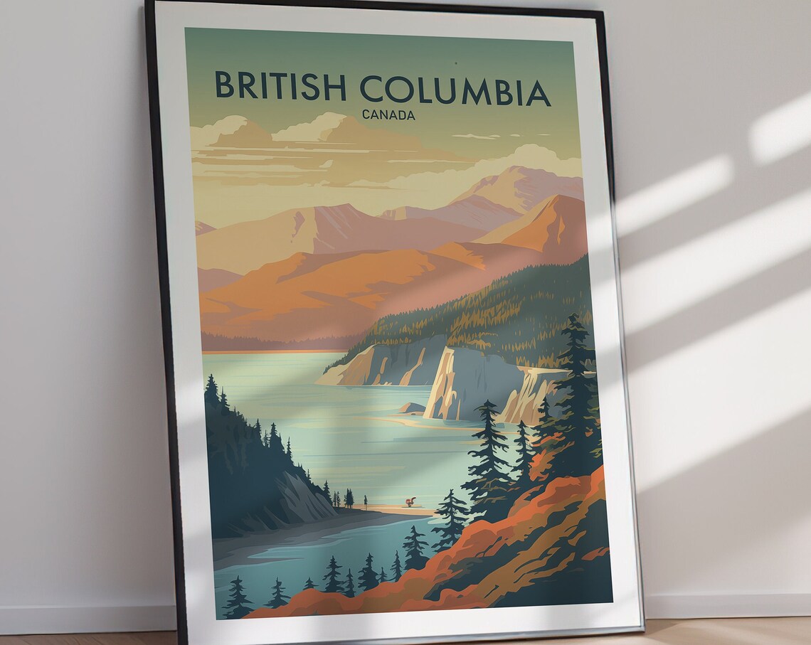 British Columbia Canada Fjord Lake Mountain Sunrise Travel Poster - Image 2