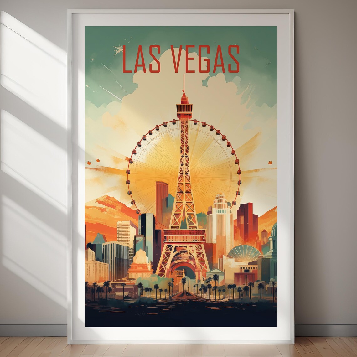 Las Vegas Nevada Eiffel Tower Ferris Wheel Retro Travel Poster