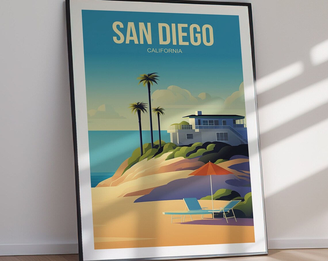 San Diego California Beach House Palms Retro Travel Poster Artwork - Image 2